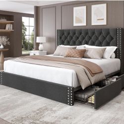 King Size Bed 4 Storage Drawers and Tufted Headboard 