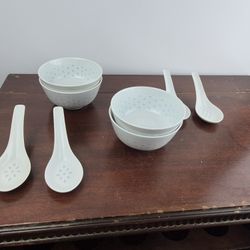 Vintage Porcelain Rice Bowls With Spoons 