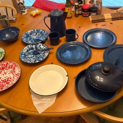 Old Blue Enamel Cook And Eating Wear