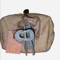 Beige Velvet Zip Pouch with Gold Hardware