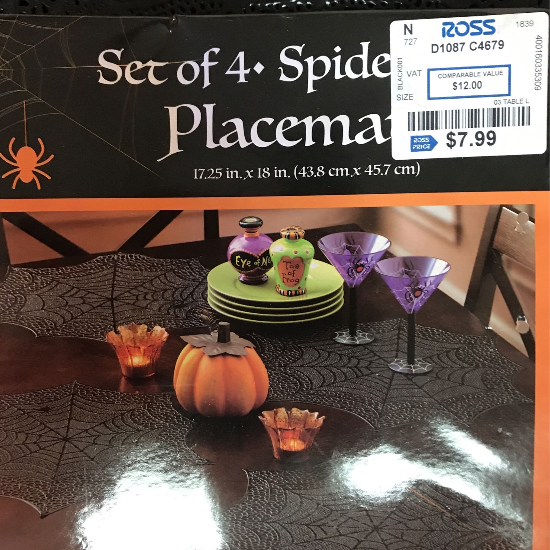 Set Of 4 Spider Placemats- Brand New, Halloween Decor