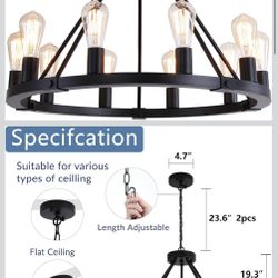 Candelabro de rueda de vagón de 10 luces, luces colgantes de hierro forjado redondo negro para sala de estar, cocina, isla, porche, entrada, pasillo, 