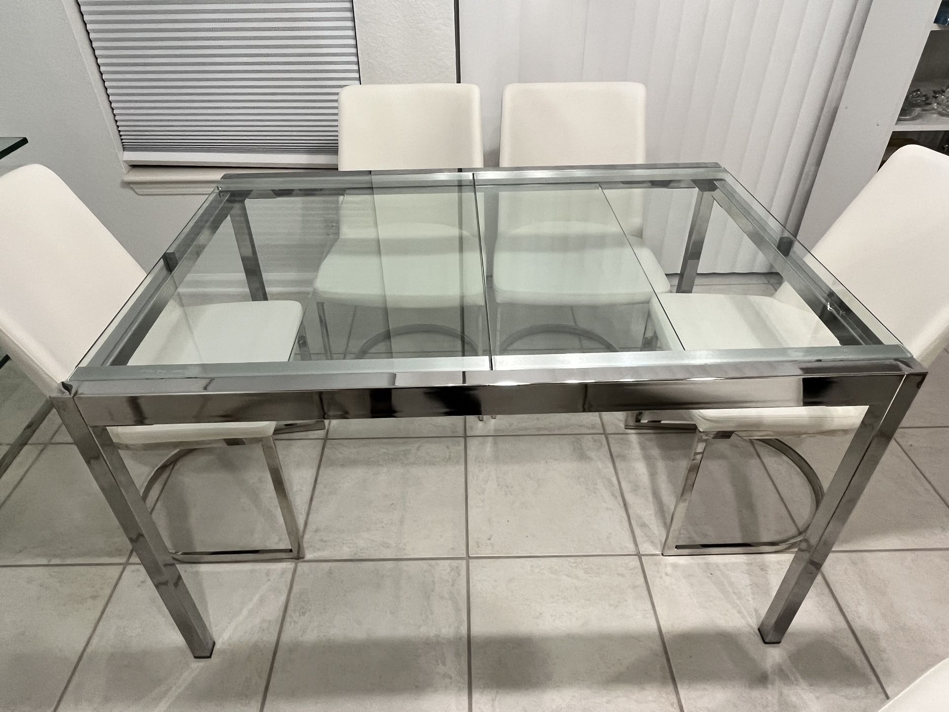 Extendable (49” - 74”) Dining Room Table Chrome & Glass Modern for