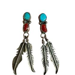 Vintage Sterling Silver Turquoise & Coral Feather Dangle Earrings