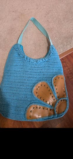 Turquoise Crochet Tote Bag with Leather Detail