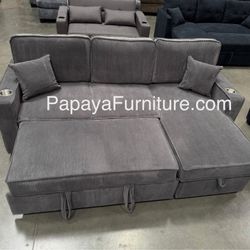 New! 89” Sectional Sofa Bed, Grey Sectional Couch, Sofabed, Corduroy Sectional, Gray Couch, Sofa, Reversible Sectional Pull-out Bed Couch,Sofa Sleeper