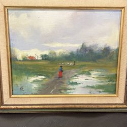 Vintage Framed Art Depicting Pastoral Scene .