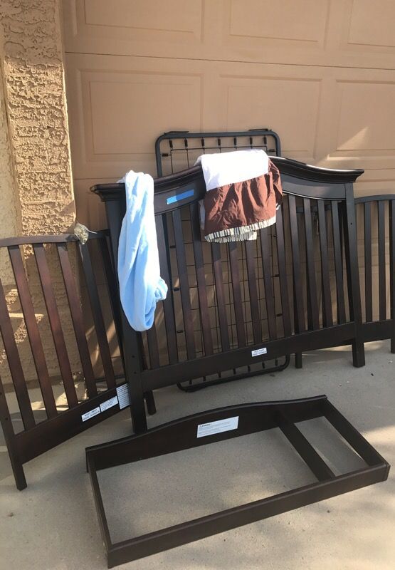 Mahogany color crib from babys r us with mattress and changing table attachment for dresser OBO moving sale Saturday Jan 13