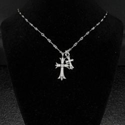 Chrome Hearts Diamond Studded Double Floral Cross Pendants Stack Necklace 