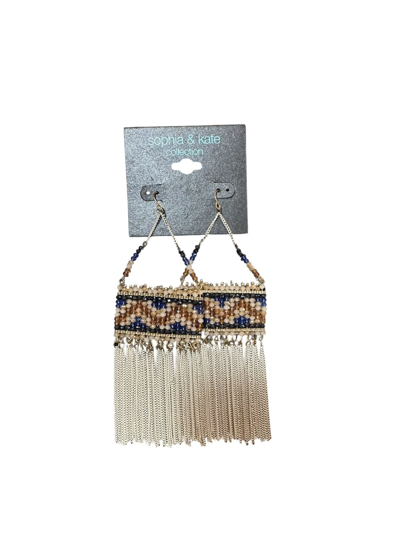 Vintage Sophia & Kate Beaded Fringe Earrings Blue/Tan