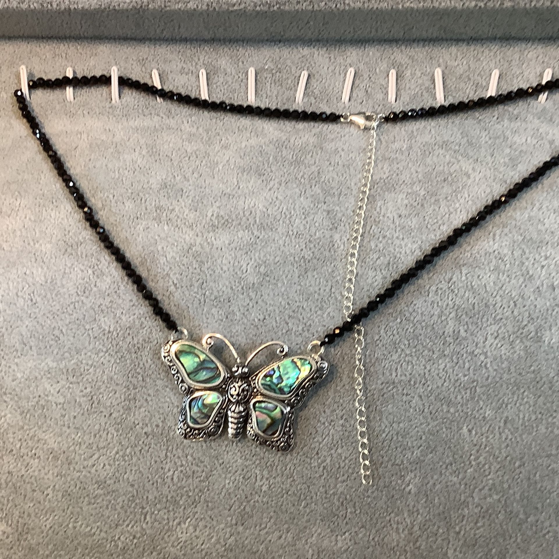 Bali Legacy Abalone Shell, Natural Black Spinel Beaded Butterfly Necklace