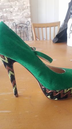 Green Faux Suede Heels with Threaded Design
