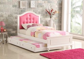 Brand new pink/silver/brown twin bedframe with twin trundle