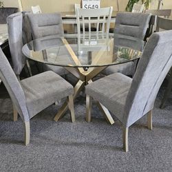 Brand New 48" Glass Round Dining Table With Gold Base + 4 Gray Linen Chairs