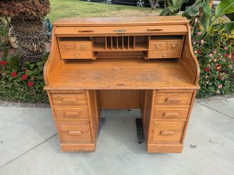 Wood Roll Top Tambour Desk Vintage Antique Good Condition 