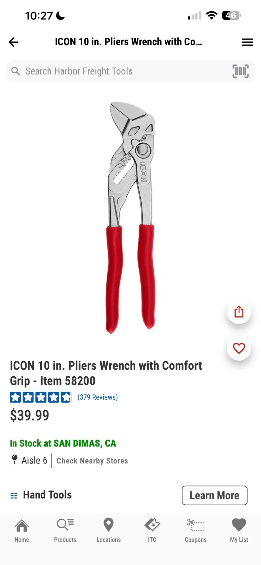ICON 10 in. Pliers Wrench with Comfort Grip - Item 58200