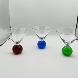 Set of 3 Cocktail Glasses with Red, Blue, and Green Ball Bases