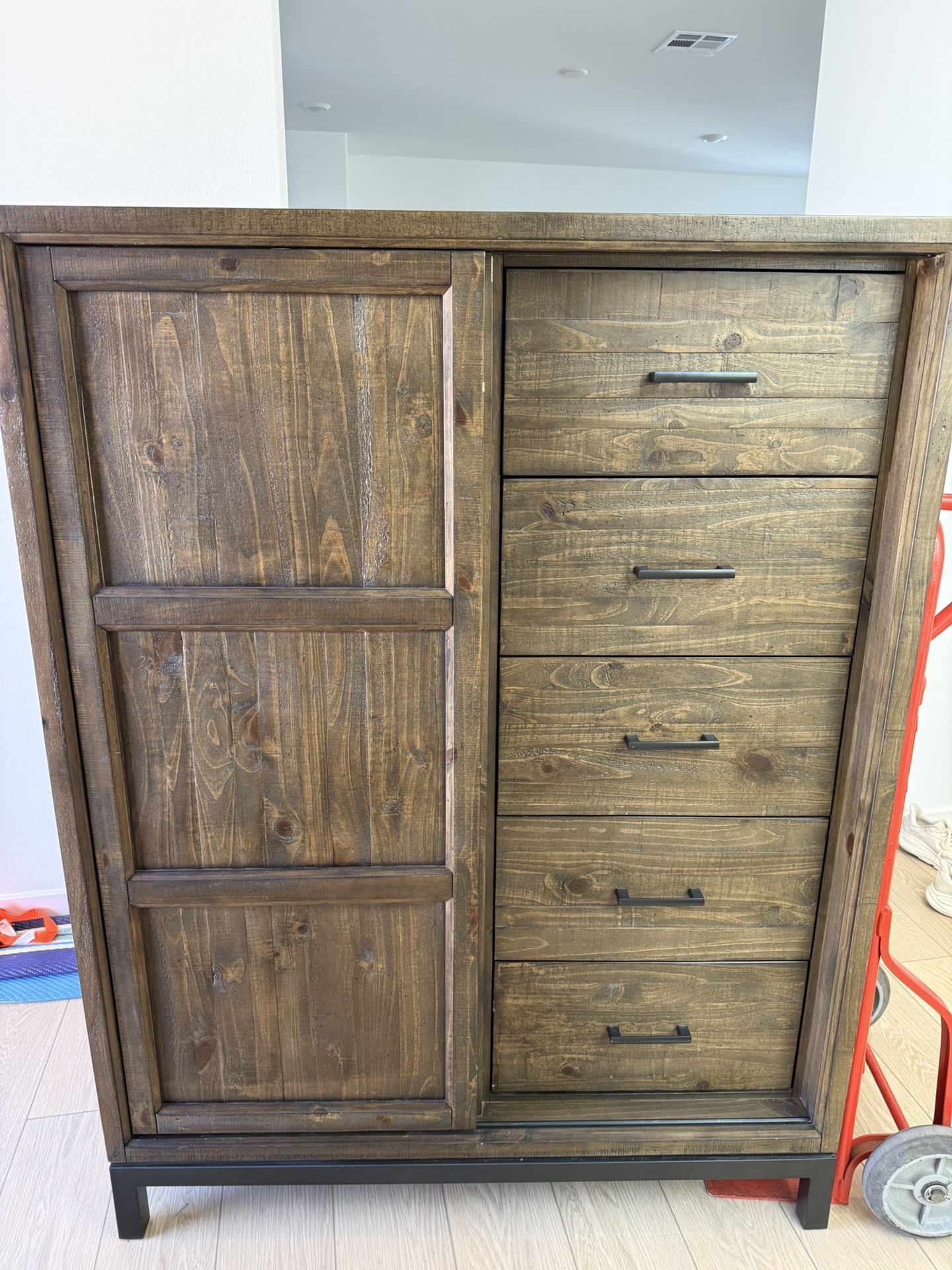 Wood 5-Drawer 3 Shelves Sliding Door