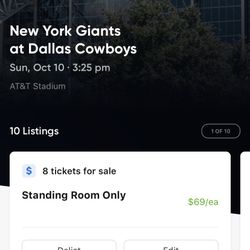 Many Party Passes SRO Tickets For New York Giants @ Dallas Cowboys $70 Each