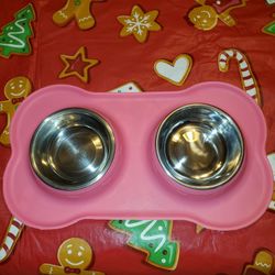 Brand New Dog Bowl With Pink Bone Rubber Mat