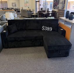 Elegant‼️2-Pc Corduroy Sectional Sofa W/Pullout Bed, Storage, & USB Port