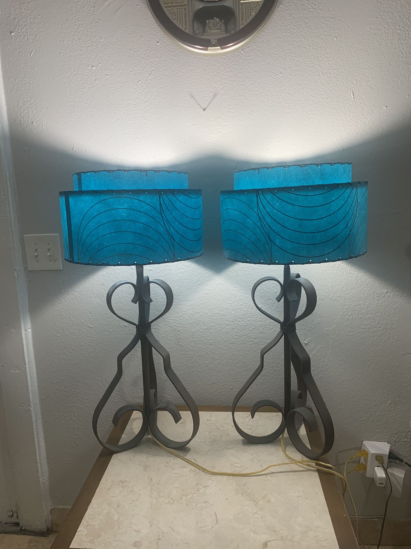 Vintage Set 2 Atomic Mid-Century Table Lamp 2 Tier Fiberglass Shade