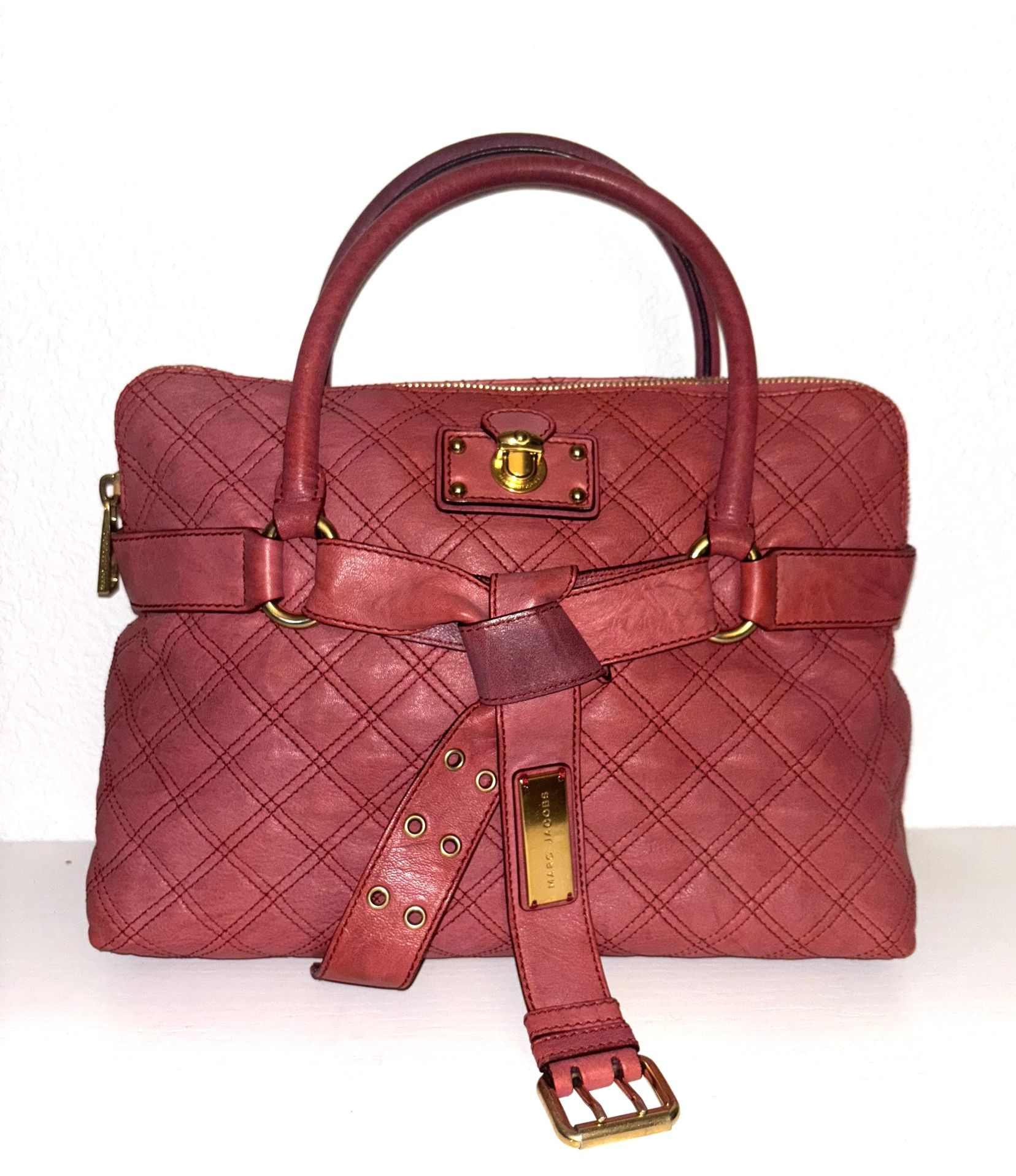 *MARC JACOBS* Coral Leather Tufted Front Belt Tote Bag Purse.