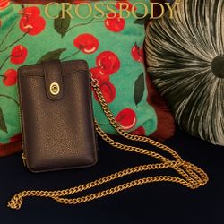 Coach Phone/Wallet Crossbody – Black Pebbled Leather – Gold Chain