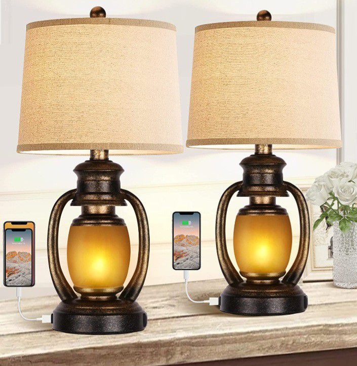 Hamucd Farmhouse Bedside Table Lamps for Living Room Set of 2 Oatmeal Tapered Drum Shade Rustic Bedroom Nightstand Lamps with 2 USB Port and Outlet

