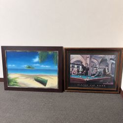 Framed Beach Painting + FREE Framed Pool Hall “Game of Fate” Picture