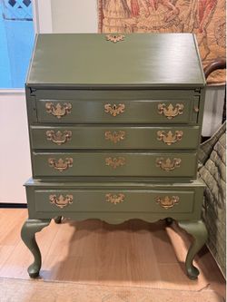 Antique Queen Anne Secretary Desk rich Green Brass Hardware