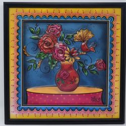 LoriLynn Simmons Textural 3D Art Print Colorful Vase Floral Matching Frame, 14 Inch 