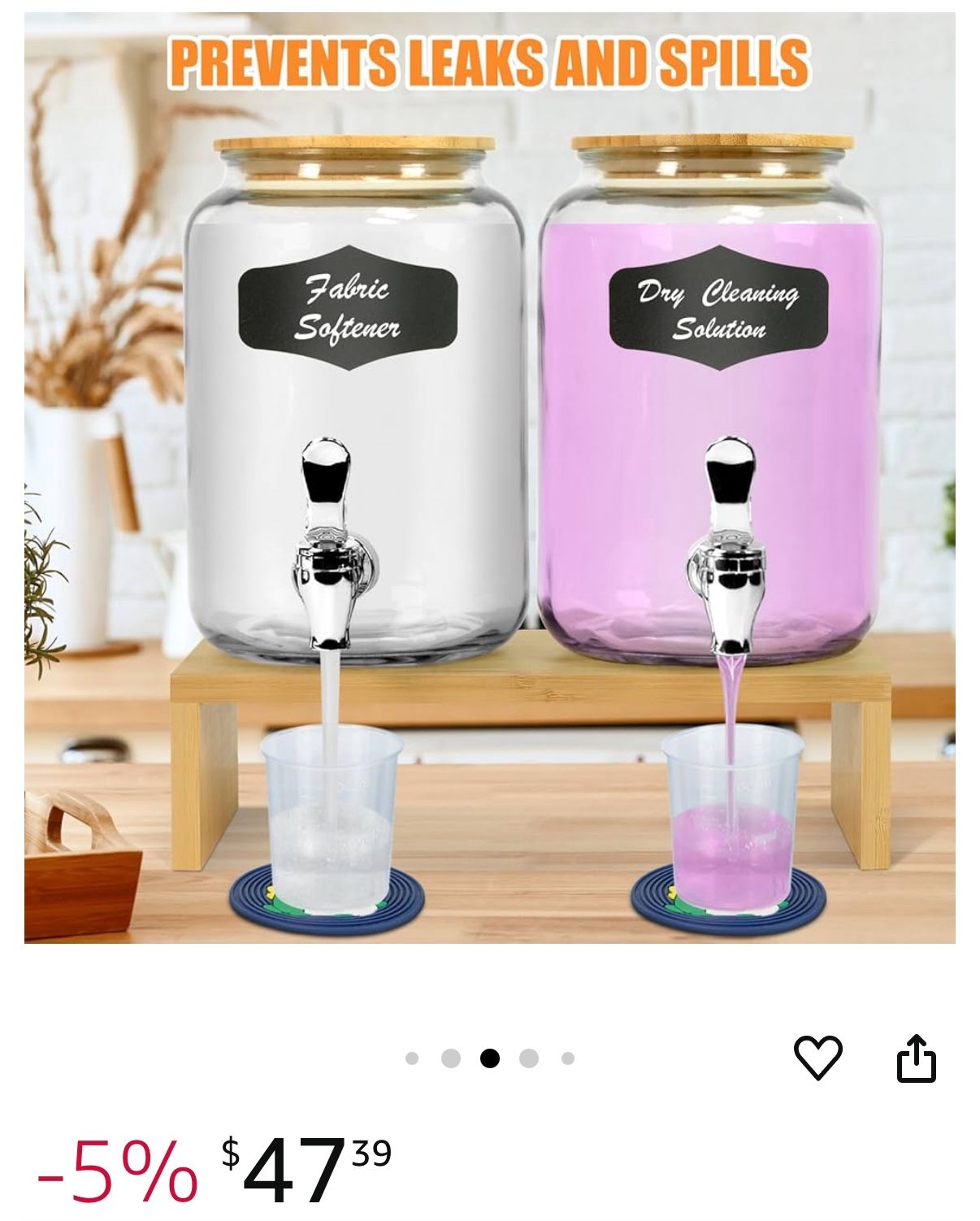 New 2PCS 1Gallon Glass Laundry Detergent Dispenser Set with Bamboo Lids and Stand - Liquid Soap and Fabric Softener Dispensers with Spigots, Cups, Lab