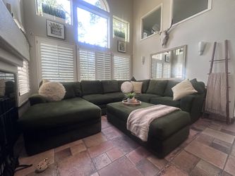Custom Living Spaces “Prestige Down” Sectional + Ottoman + Pillows — Superb Olive