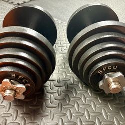 Vintage Set of Cast Iron Adjestables Dumbbells BFCO with 10s, 7.5s, 5s, 2.5s and 1.25 pounders. Brute W: 115 #