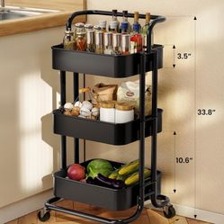 Pipishell 3 Tier Mesh Utility Cart, Rolling Metal Organization Cart with Handle and Lockable Wheels, Multifunctional Storage Shelves for Kitchen Livin