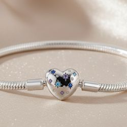 Pandora Style 925 Sterling Silver Heart Bracelet with Blue Star Enamel Design | Elegant Celestial Gift for Her 