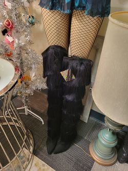 Groovy Tall Fringe Black Go-Go Boots 