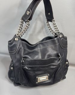 B MAKOWSKY black leather purse designer tote shoulder bag modern classic EUC