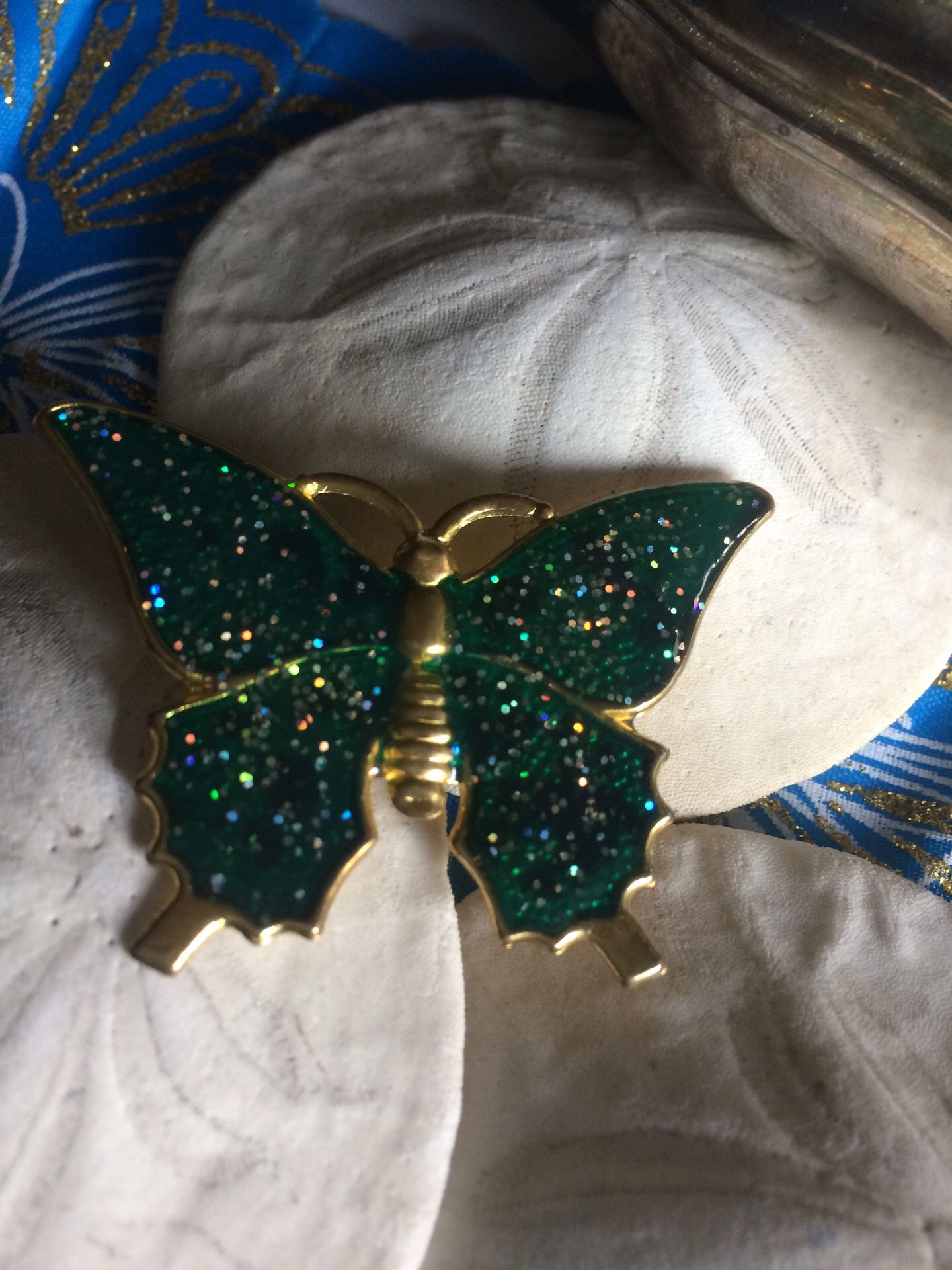 Vintage Articulated green glitter Butterfly brass metal pin brooch