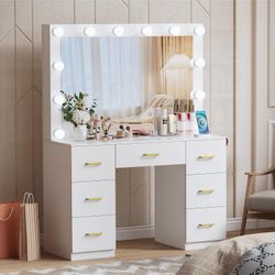 Vanity Desk with with Mirror and Lights,Makeup Vanity Table with Glass Top and Drawers&Cushioned Stool,Dressing Table with Drawers, Bedroom Makeup Tab