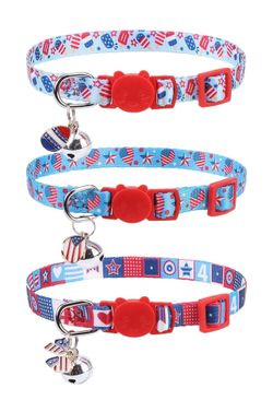 Breakaway Cat Collars with Bell & Cute Pendants - 3 Pack American Flag Adjustable Safety Kitten Coll