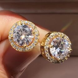 Exquisite Round Halo 14K Gold-Plated Cubic Zirconia Cluster  Men Women Stud Earrings