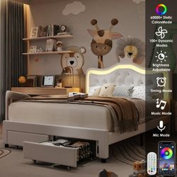 Queen Size Upholstered LED Bed with Adjustable Crystal Button Tufted Crown Headboard, Soft PU Storage Platform Bed with 2 Drawers, White  T