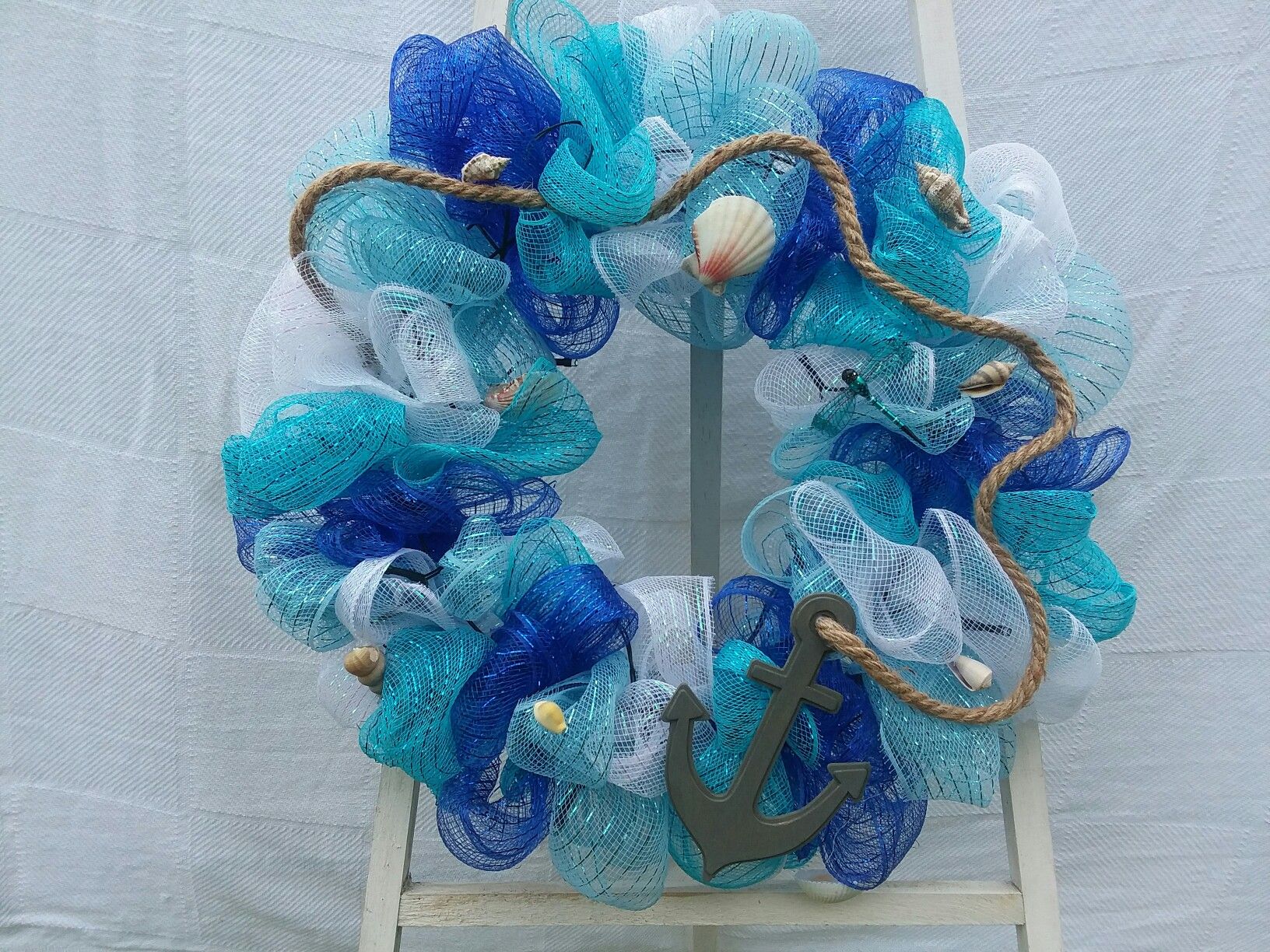 Nautical themed deco mesh wreath with LED lights.