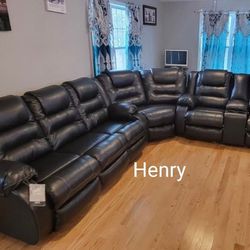 Sectional Couch/ Black Leather/ Living Room Reclining Sofa Set/ Brand New/ In Stock 