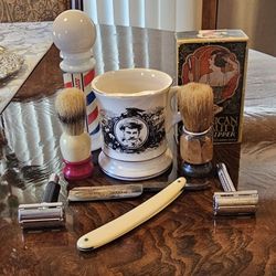 Vintage Gillette Razors & Straight Edge Razor & Mustache Cup & Brushes & Antique Hair Clippers & Avon Barber Pole Scalp Conditioner USA 🇺🇸 Made 