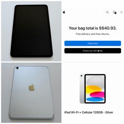 Apple iPad (A16) 11-inch (newest model) 128GB, Wi-Fi + Cellular Unlocked, Silver with Apple Limited Warranty until 4/15/27. Retails new for $640.93, b