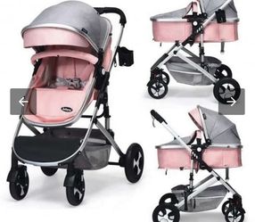 2 In 1 High Landscape Convertible Reversible Bassinet Pram-Pink