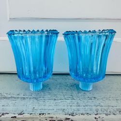 Set of 2 Vintage Homco Aqua Turquoise Blue Ribbed glass votive cup candle holders  3 3/4” tall